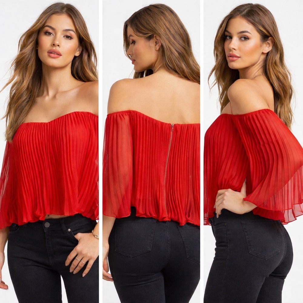 GUESS Red Pleated Off-Shoulder Top
